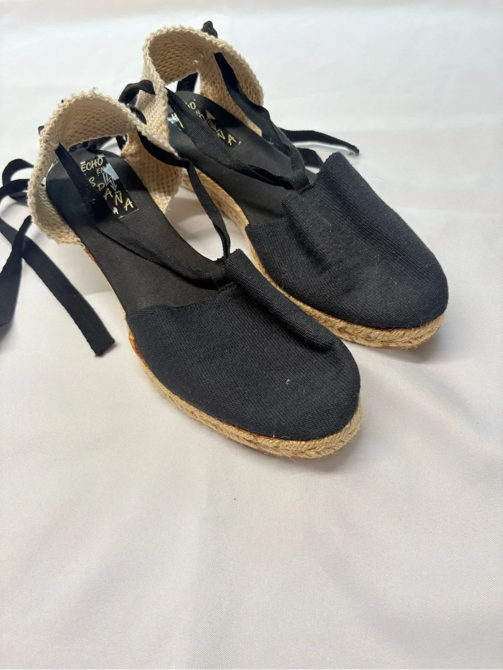 Canvas Espadrille Wedges with Natural Jute Trim and Ankle Tie